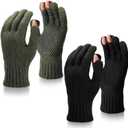 Geyoga 2 Pairs Wool Fingerless Fishing Gloves for Men Women Anti-Slip with Grip Dots Warm Winter Fly Ice Fishing Gloves (Black and Green)