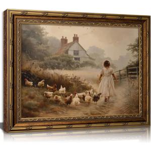 Vintage Gold Framed Farmhouse Wall Art Retro Country Farm Girl with Chicken Canvas Wall Decor Rustic Pastoral Scenery Painting Picture Artwork for Living Room Bedroom Home Decor