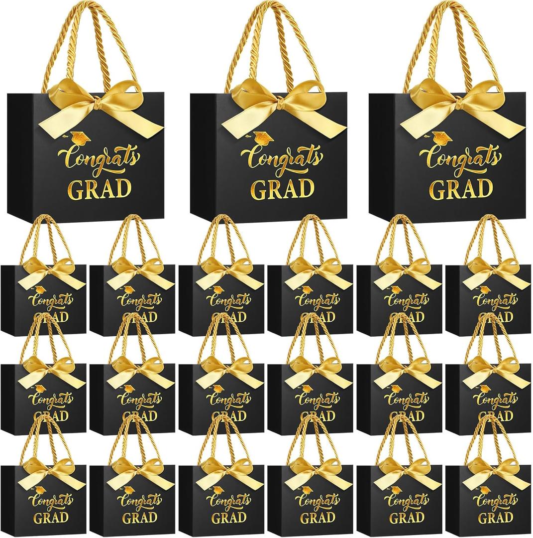 Moinchore 30 Pcs Black Gold Graduation Paper Gift Bags Bulk 5.5 x 4.7 x 2.5'' Mini 2026 Congrats Grad Favor Bags with Handles Bow Ribbon Wrap Graduation Day Party Supplies for College High School