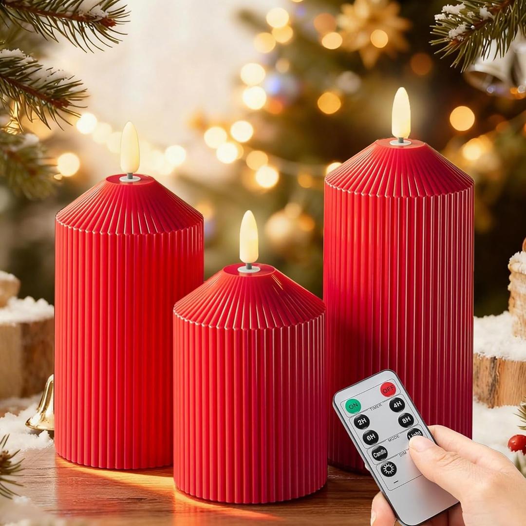 LUSHARBOR Flameless Candles with Remote, Battery Operated Candles Real Wax LED Fake Pillar Candles with Timer Flickering Flame for Wedding Home Party, Set of 3 Red