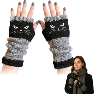 Cvuabsy Fingerless Cat Gloves, Women's Knitted Fingerless Gloves with Cat Embroidery,Gifts for Cat Lovers for Women Thick Warm Winter Gloves with Cat Face Designs 
