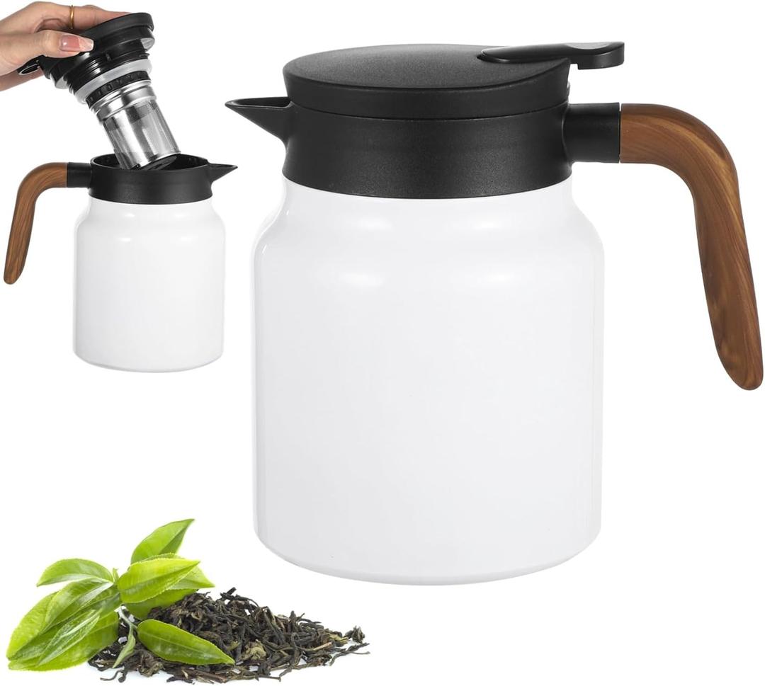 White Tea Thermos  Built-in Infuser, 1000ml Stainless Steel Thermos Insulated Tea Pot with Lid, Thermal Carafe for Home Kitchen Office