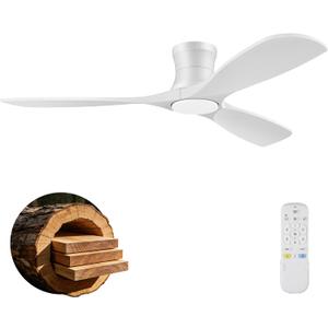 52 Inch Wood Ceiling Fans with Lights Remote,Low Profile Flush Mount Ceiling Fan with Light,Outdoor Indoor Modern Ceiling fan for Bedroom Living room Patio,White,3 Blades,Dimmable,6 Speed,Noiseless, 52-Remote Control