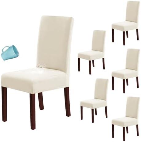 H.VERSAILTEX 100% Waterproof Dining Chair Covers Stretch Chair Covers for Dining Room Set of 6 Parson Chair Slipcovers Chair Protectors Covers Dining, Soft Thick Solid Fleece Fabric Washable, Ivory