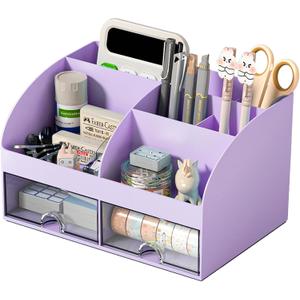 COMFYROOM Desk Organizer with 6 Compartments and 2 Drawers, Plastic Makeup Organizer, Pen Holder for Desktop Storage, Desk Organization for School, Home, Office Supplies (Purple)