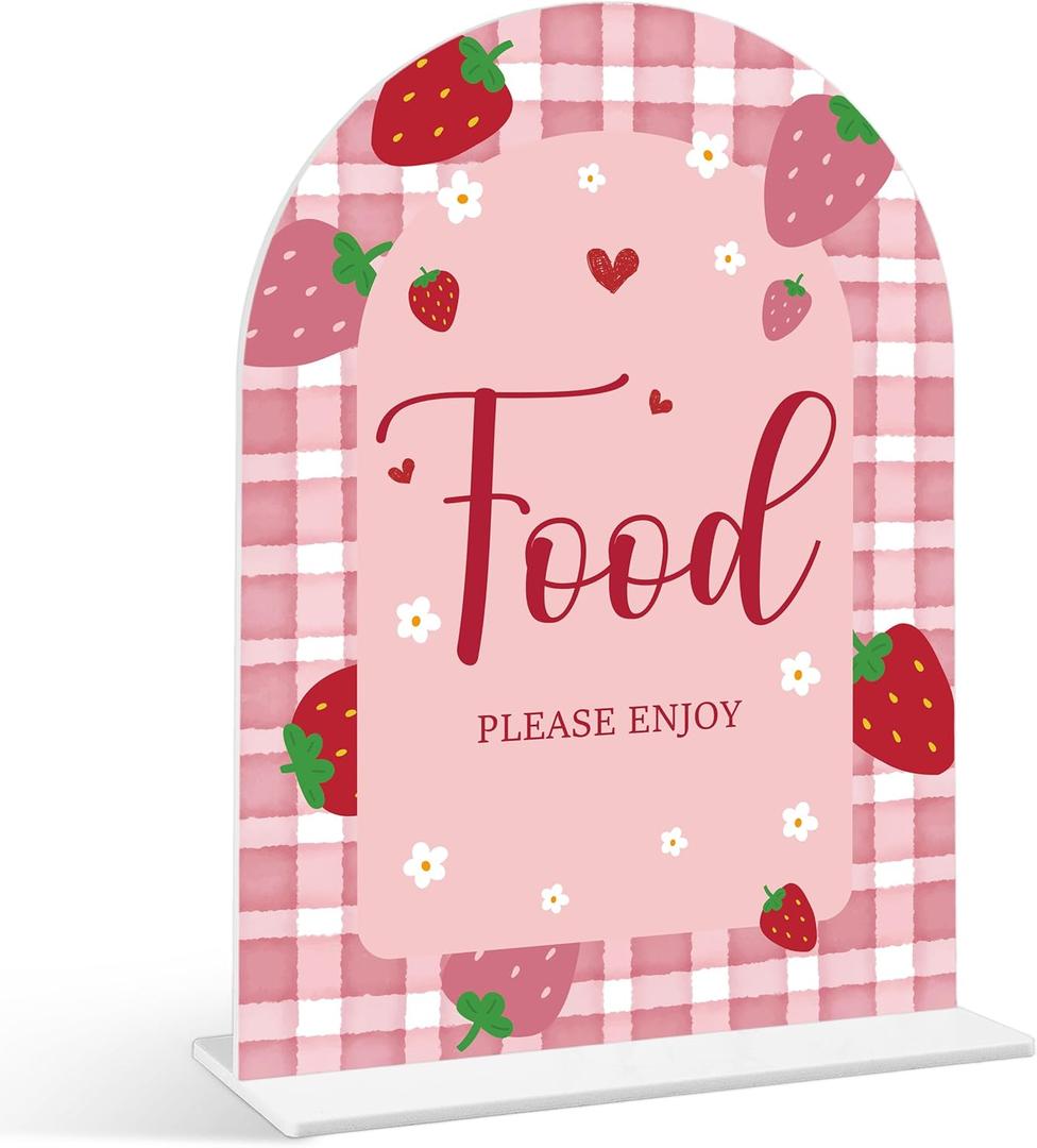 Food Please Enjoy Sign - Strawberry Baby Shower Sign, 1 Pack Arch Acrylic Sign with Stand, Gender Reveal Party Table Decor, Berry Baby Shower Supplies (SE25)
