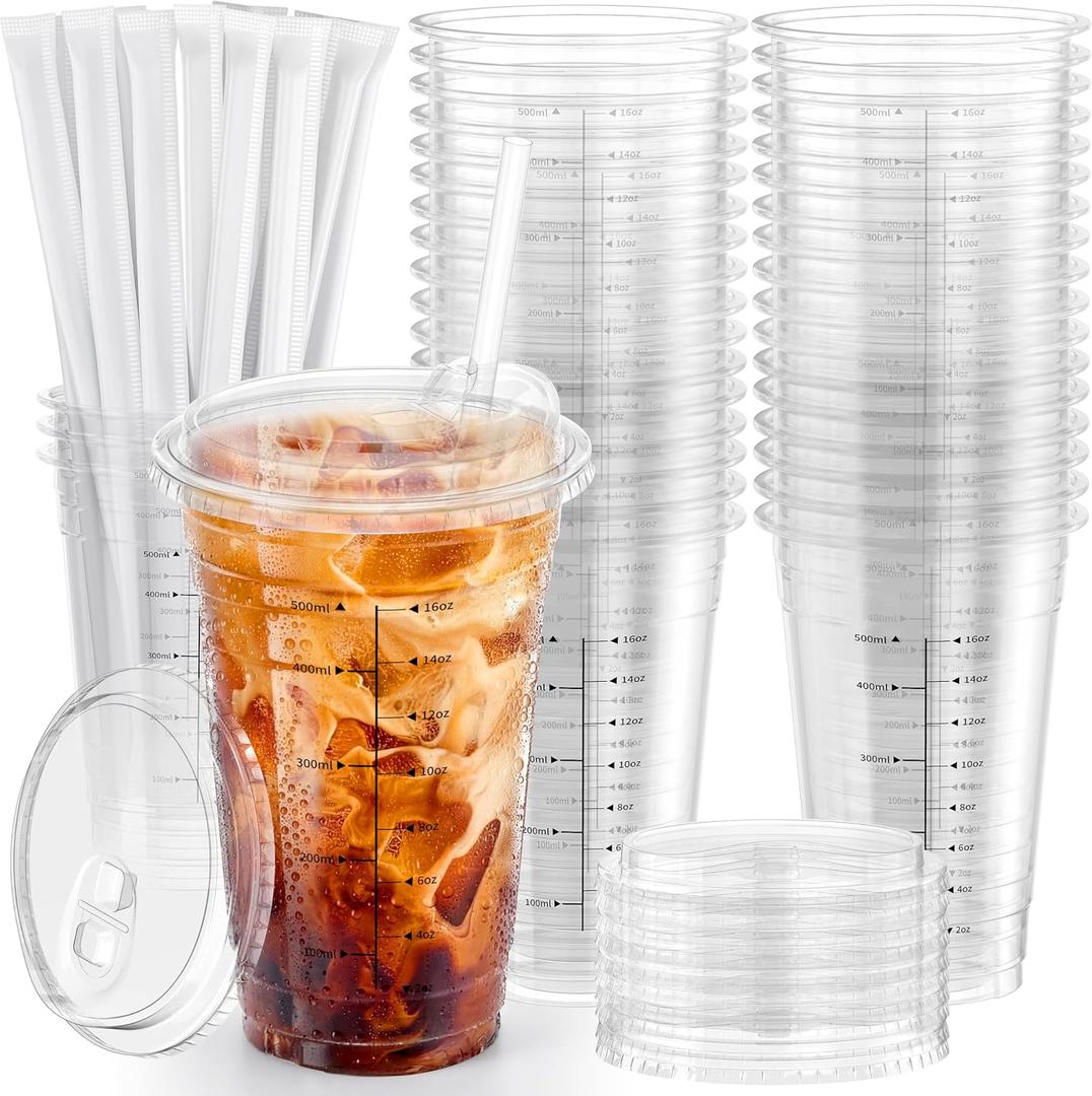 102 Pack - 20 oz Ratio Lines Iced Coffee Cups with Lids & Straws No Guessing for Consistent Drinks, Disposable Clear Plastic Cups with Lids and Straws for Coffee, Smoothies, Juice, Parties Food Safe (EXP 12/05/36)