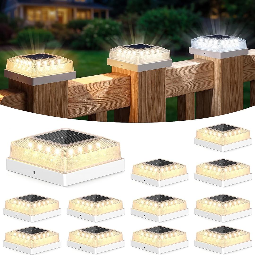 Brightever 4x4 Solar Post Cap Light 12-Pack, Fence Post Solar Lights with 3 Lighting Modes, Fits 4x4 3.5x3.5 Vinyl/Wood Posts, White Solar Powered Waterproof Deck Post Lights for Garden Patio Porch