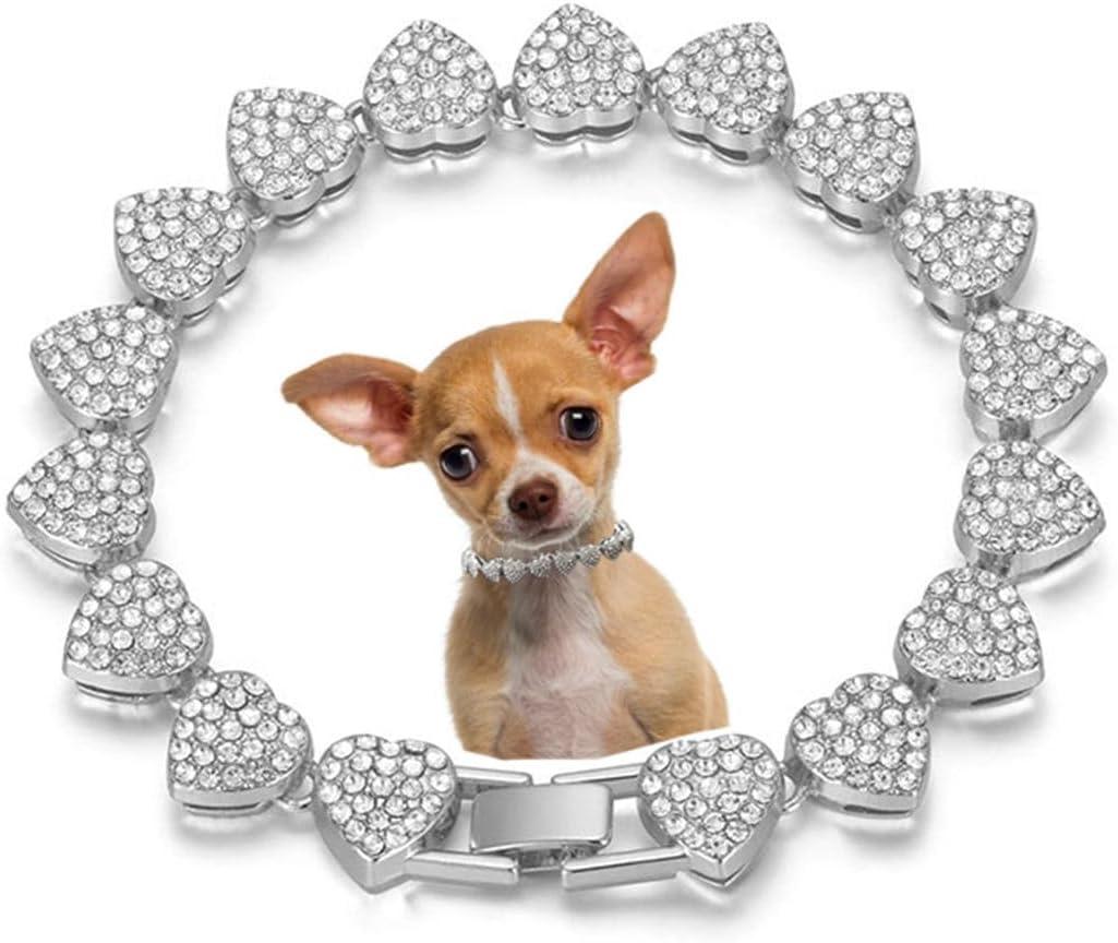 Silver Dog Chain Collar, Heart Style Bling Diamond Cuban Link Dog Collars Glitter Chain Rhinestone Puppy Necklace for for XXS XS Small Medium Pet Dogs Cats, 10-Inch (10 inch(Max Neck 9"))