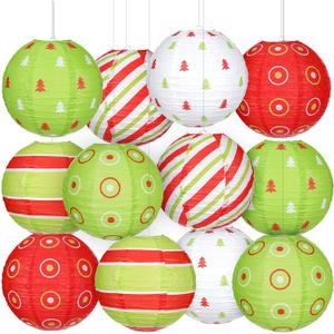 Bencailor 12 Pcs Christmas Hanging Paper Lanterns Set Decorative Christmas Party Lanterns Round Hanging Lamps for Xmas Home Decoration Supplies Props Graduation Holiday Decor(Christmas Tree, 12 Inch)