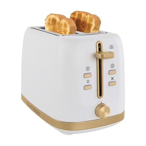 West Bend Timeless 2-Slice Toaster with 7 Browning Levels, Bagel/Waffle/Defrost Settings, High-Lift Lever, Anti-Jam, Easy-Clean Crumb Tray, 2-Slice, White/Gold
