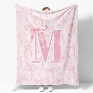 Coquette Pink Bow Throw Blanket,Personalized Initial M Soft Fluffy Cozy Flannel Blanket,Monogrammed Gifts for Daughter Women Teen Girls,Customized Blanket for Bedding Bedroom Office,50x60 Inches