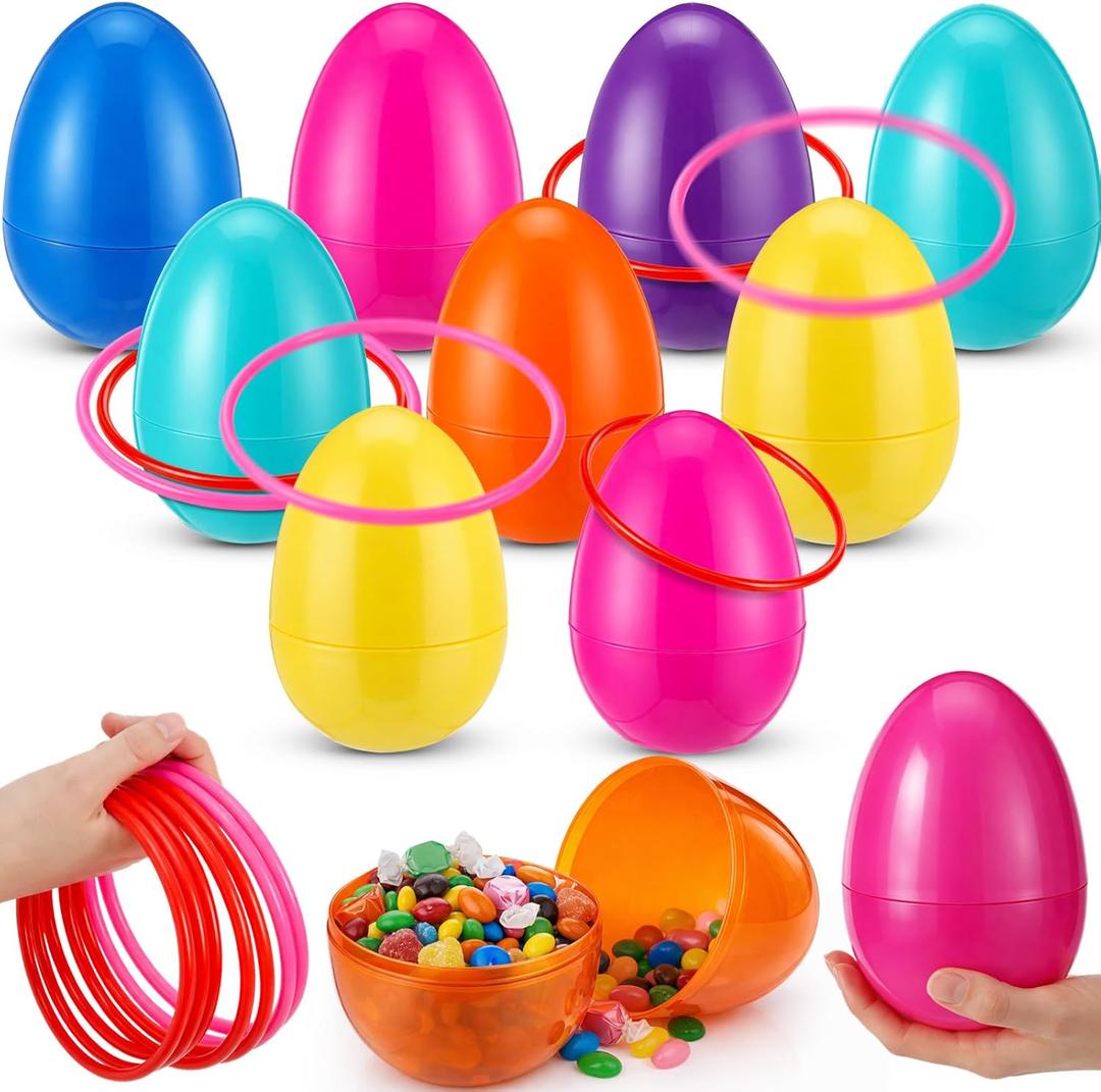 Leitee 27 Pcs Easter Ring Toss Game with Fillable Eggs 2-in-1 Easter Party Family Game Set, 9 Large 6" Colorful Eggs and 18 Toss Rings for Spring Party Carnival Backyard