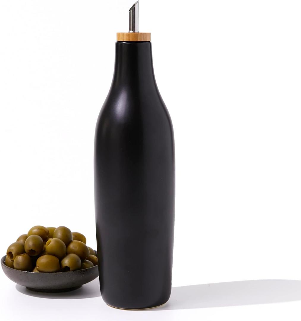 Olive Oil Dispenser Bottle Stoneware Ceramic for EVOO or Vinegar | Modern Design | Large Capacity 16.9 ounce | Oil Container | Black