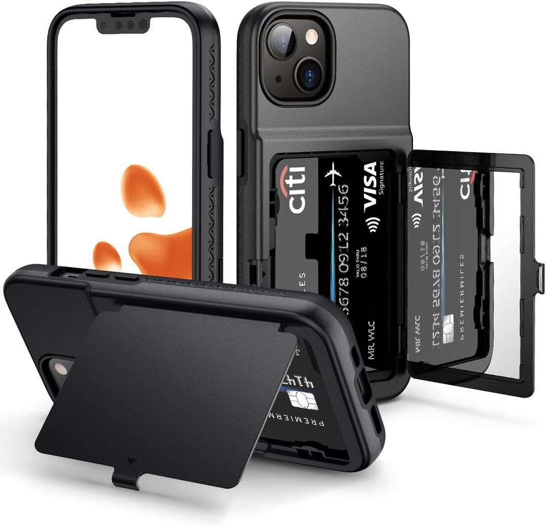 WeLoveCase for iPhone 13 / iPhone 14 Wallet Case with Credit Card Holder & Hidden Mirror, Two Layer Shockproof Heavy Duty Protection Cover Protective Case for iPhone 13/14 6.1 Inch-Black
