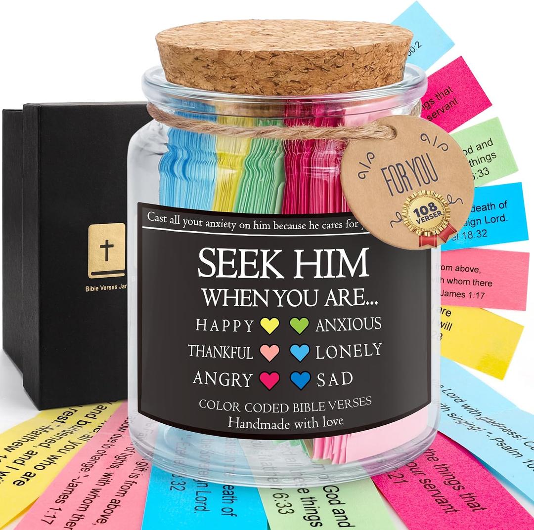 Christmas Bible Verse Jar, Seek Him Bible Verses Jar For Daily Encouragement, Church Graduation Baptisms Confirmation Christian Gifts for Women Men Teen, Inspirational Religious Gifts for Mom Friends