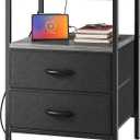 Huuger Night Stand with Charger Station, 27.7 Inch Tall Nightstand, Bed Side Table with 2 Fabric Drawers, Fabric Drawer Dresser for Bedroom, Living Room, Grey, 11.8"d X 17.7"w X 27.7"h