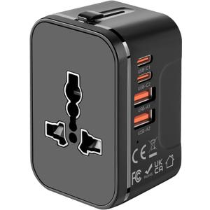 Universal Travel Adapter with 2 PD20W USB-C & 2 QC18W USB-A Ports, Fast Charging International Power Plug Adapter, All-in-One Worldwide Adaptor Converter Wall Charger for US EU UK AUS Asia