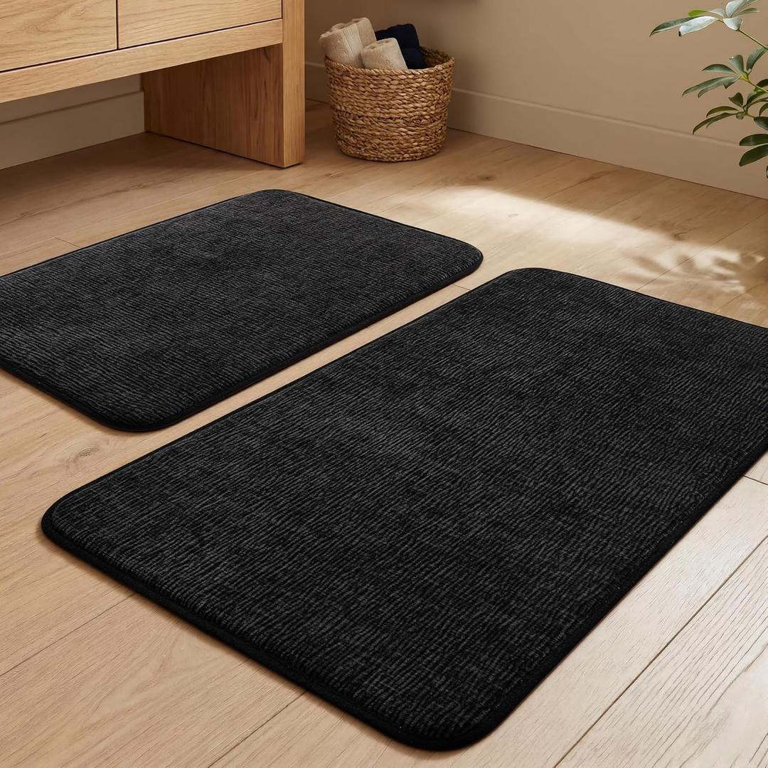 YIHOUSE Bathroom Rug Set 2 Piece, Memory Foam Black Bath Mat Set Non-Slip Quick Dry Bath Mats for Bathrooom, Super Absorbent Washable Bath Rug for Bathroom Floor Sink Tub and Shower