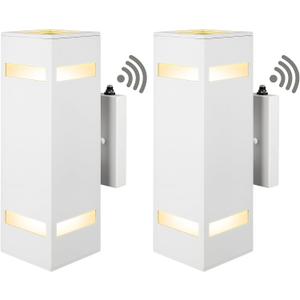 Dusk to Dawn Sensor Outdoor Wall Lights,2 Pack, Aluminum Modern Waterproof Square Cylinder Wall Lantern Exterior Up Down Light Fixtures Matte White with Frosted Glasses
