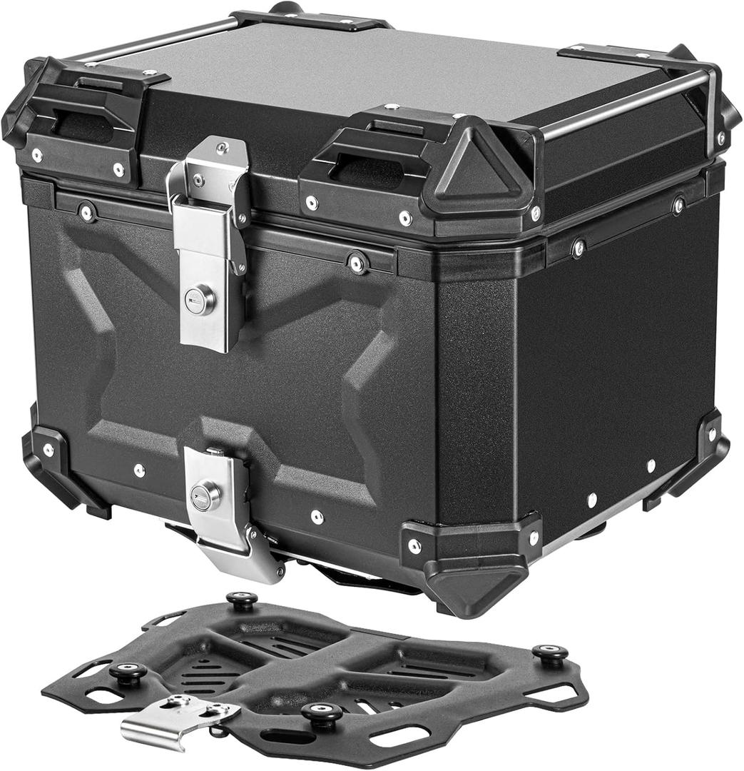 Motorcycle Top Case 45L, Aluminum Motorcycle Trunk, Waterproof Lockable Tail Box, Large Capacity Storage for Touring Travel, Anti-Theft Design, Easy Install, Universal Fit, Black