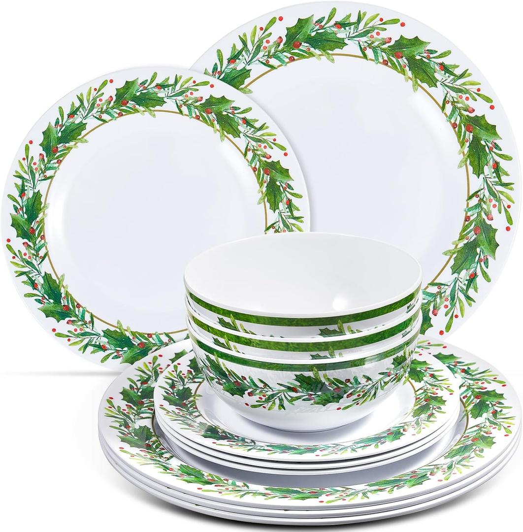 30 Pcs Christmas Melamine Dinnerware Set, 10 Pcs 11" Dinner Plates, 8" Plates, 6" Soup Bowls, Holly Leaf Christmas Dishes Gift for Home, Xmas Party, Festive, Holiday, Dining, Celebrations