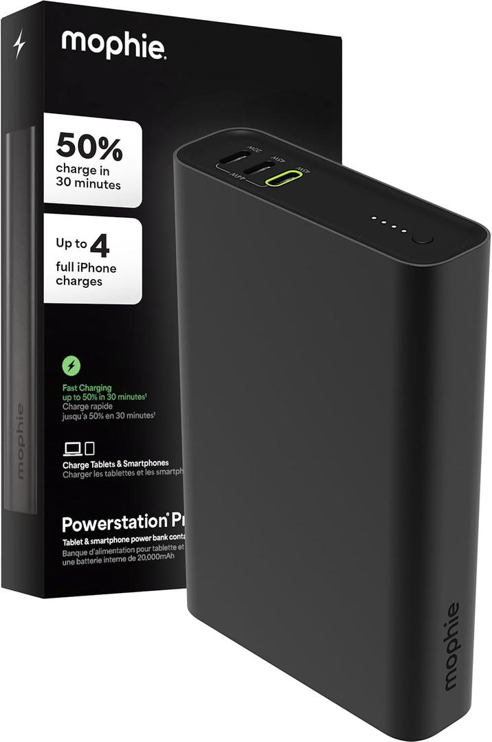 Mophie Powerstation Pro 20,000mAh Power Bank (Gen 3)  Ultra-Fast USB-C PD, 45W Output, Charges 3 Devices, Up to 4 Phone Charges, LED Indicator, Premium Anodized Aluminum Body, Black