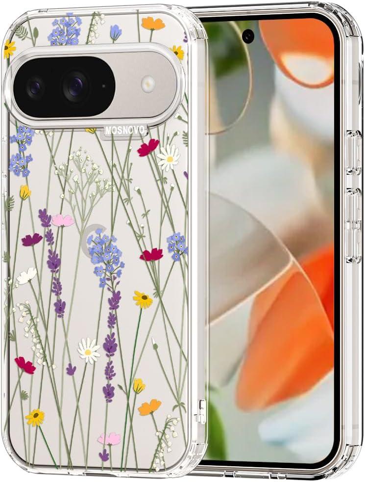 MOSNOVO Case for Google Pixel 9 & Pixel 9 Pro, [Buffertech 6.6ft Military-Grade Drop Protection] [Anti Peel Off Tech] Clear TPU Bumper Phone Case Cover Design - Floral Garden