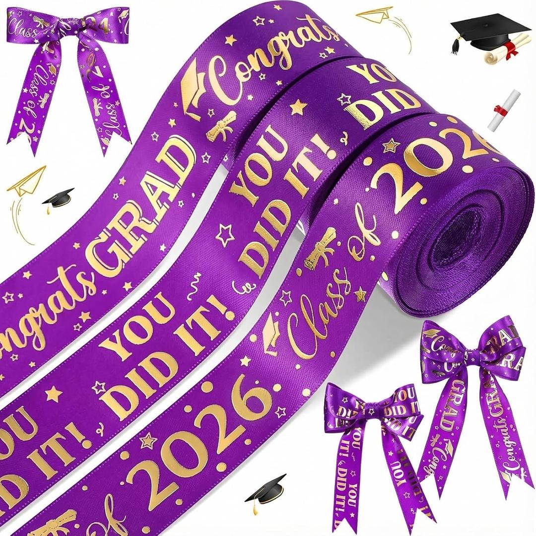Moukeren 3 Roll Class of 2026 Graduation Ribbon Graduation Party Favors Decor 1 Inch Congratulations DIY Congrats Grad Ribbon Art Fabric Ribbons for Gift Wrapping Craft Headband(Purple Gold)