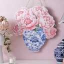 AceOrbit Peonies Flower Wall Art Decor 13.8 Inch Pink Flower Wall Decor Blue and White Chinoiserie Porcelain Wooden Hanging Sign Peonies for Front Door Indoor Outdoor Farmhouse Home Porch