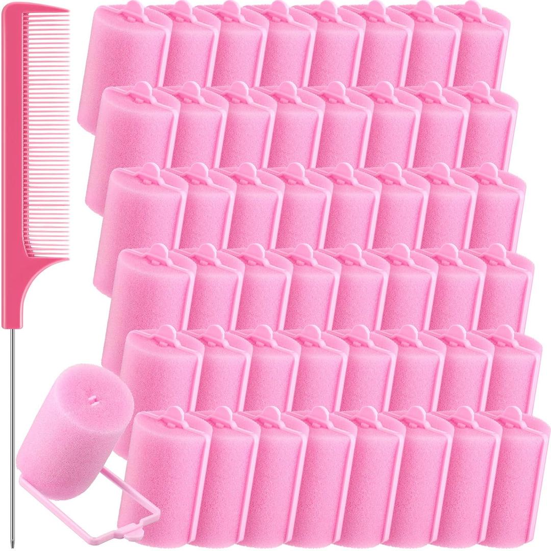 Syhood 48 Pcs Foam Sponge Hair Rollers Soft Sleeping Curlers Flexible Sponge Curler and Rat Tail Comb for Women Hairdressing Styling(Pink,1.57 inch)