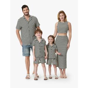 PATPAT Family Matching Summer Outfits, Ribbed Knit Striped Women Skirt Set, Men Button Down Shirt and Kids Outfits 8-9Y