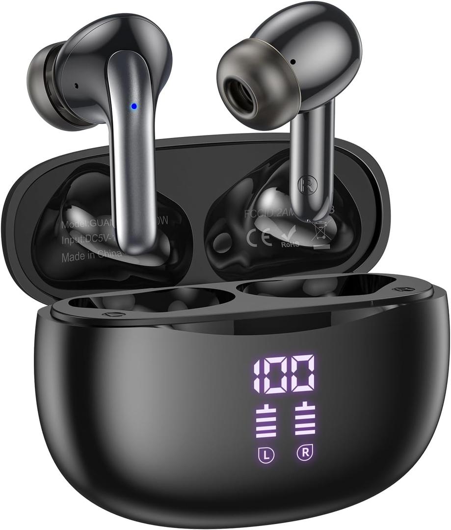 Wireless Bluetooth Headphones, 40H Playback Bluetooth Earbuds with LED Power Display Charging Case, IPX5 Waterproof Wireless Headphones for Phone Gaming TV Sports (Dual Mic-Black-Upgrade)