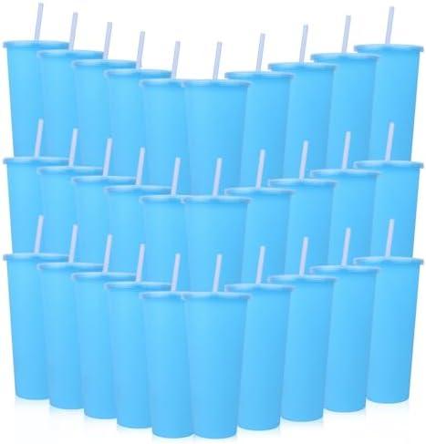 Ahongwenxi 30 Pack Blue Plastic Cups with Lids and Straws, 24 oz Disposable Plastic Tumblers Iced Coffee Cups Travel Mug Cup for Juices Birthday Bachelorette Party Wedding (Blue,24 oz)