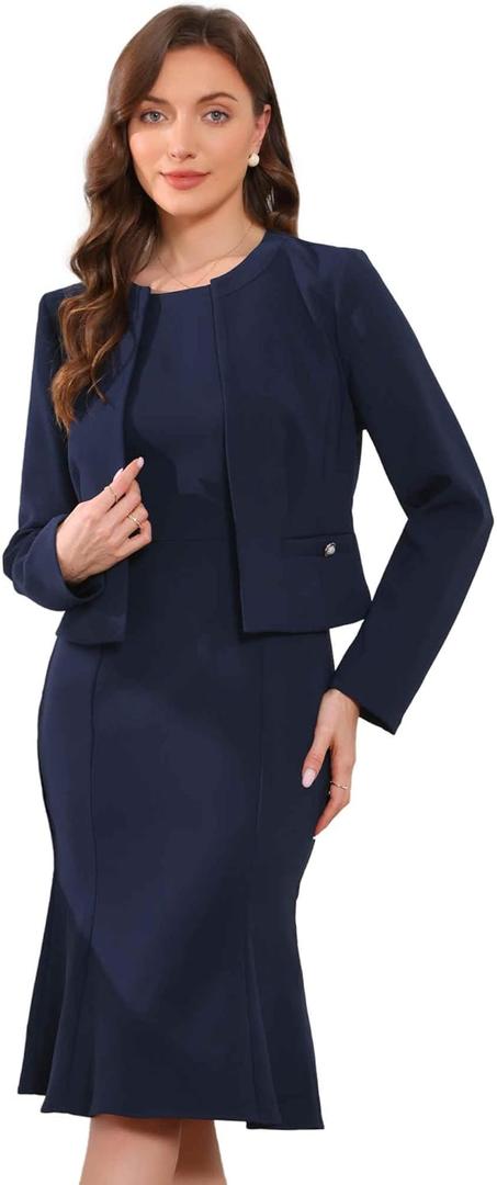 Allegra K 2 Piece Suit Dress Set for Women's Business Sleeveless Dress and Crop Blazer (Blue, M)
