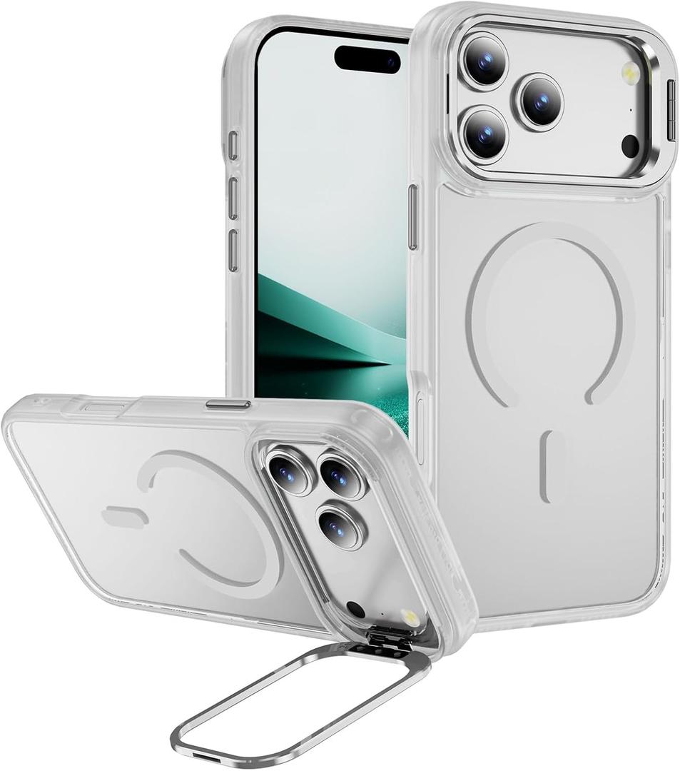 Hitaoyou for iPhone 17 Pro Max Case Compatible with Magsafe, Transparent Matte Built-in Metal Camera Kickstand Protective iPhone 17 ProMax Case Shockproof Cover for iPhone 17 Pro Max (Translucent White)