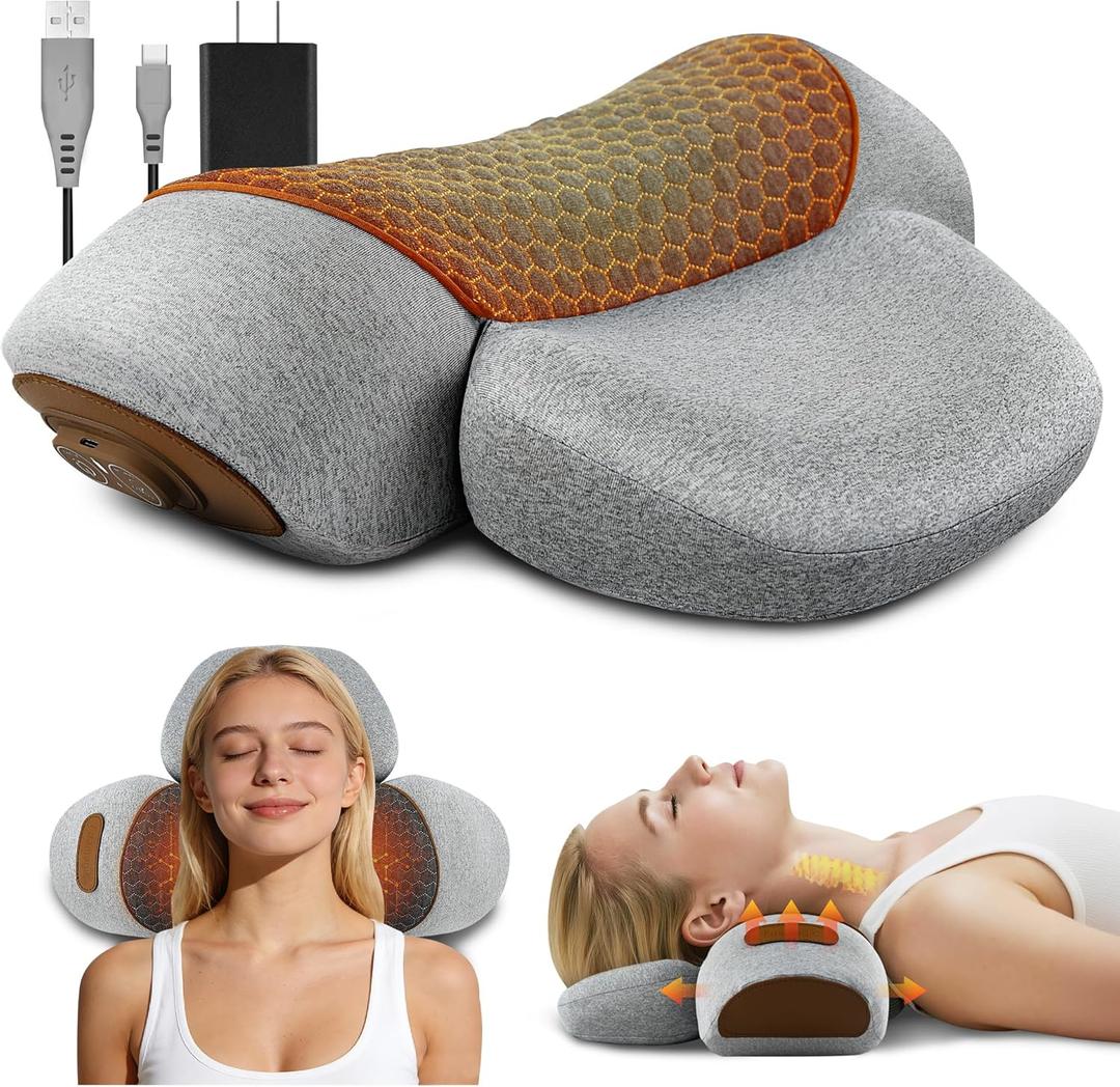 3-in-1 Neck Massager Pillow - Cervical Pillow Massage Neck Hump for Shoulder Pain Relief, Back Shoulder Massager with Kneading, Shiatsu Kneading Massage with Heating, Traction Function, Hump Corrector (Grey)