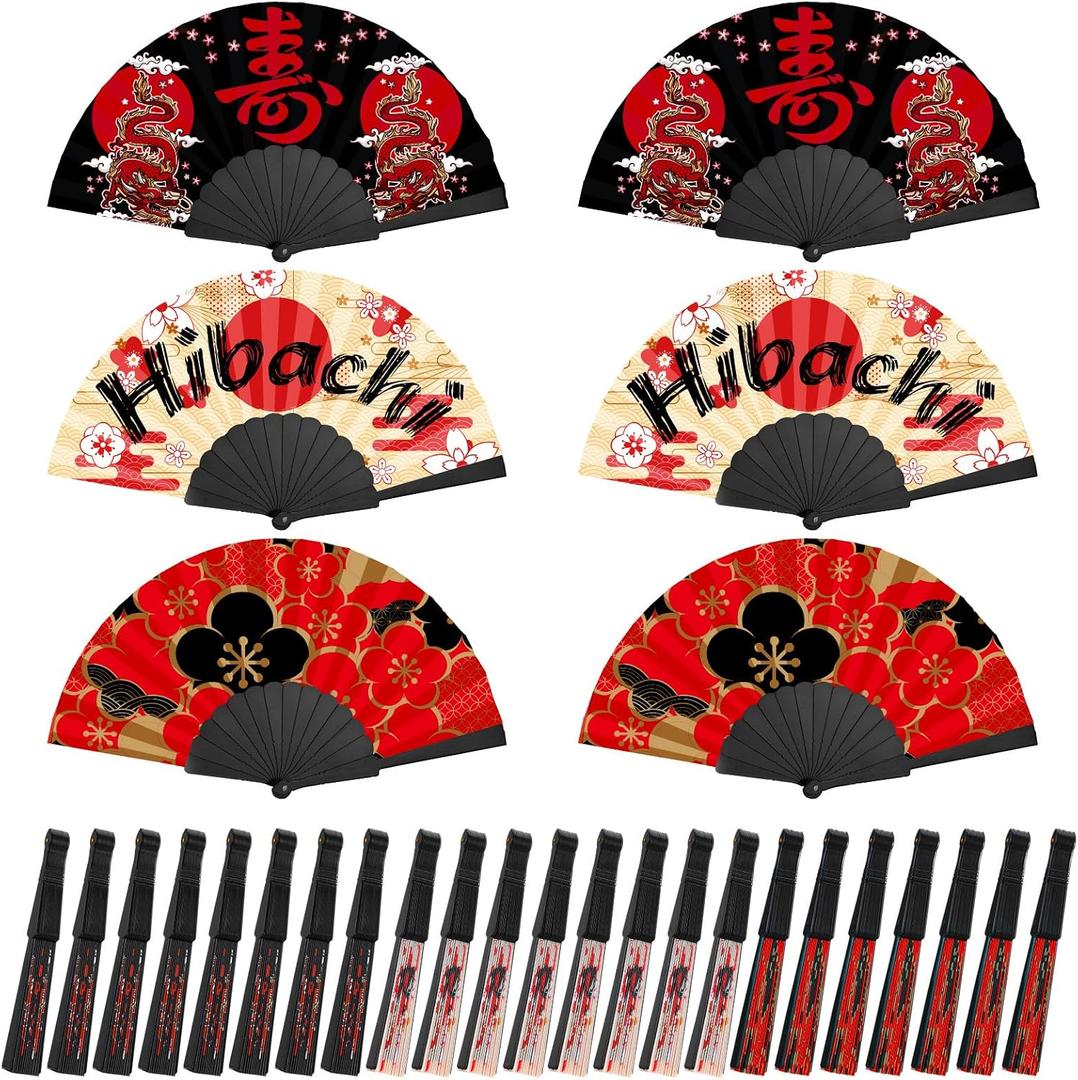 Threehoney 36 Pcs Japanese Hibachi Folding Fan Bulk Hibachi Birthday Party Decor Asian Chinese Folding Fan with Cherry Blossom Japanese Theme Fabric Handmade for Baby Shower Wedding Party Supplies