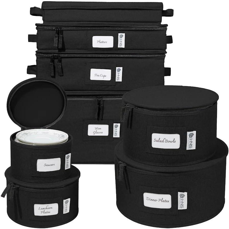 China Storage Hard Shell Containers 8-Piece Set Moving Boxes for Dinnerware, Glasses, Plates, Mugs and Saucers Sturdy Dish Organizer with Dividers for Seasonal Storage - Service for 12 - Black