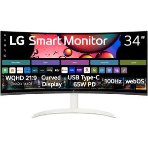 LG 34SR63QA-W 34 inch Smart Curved Monitor with Streaming TV, QHD 1440p, UltraWide Screen, USB Type-C 65W PD, 1800R, webOS, HDR10, 100Hz, Built-in Speaker, AirPlay2, Screen Share, Bluetooth, White