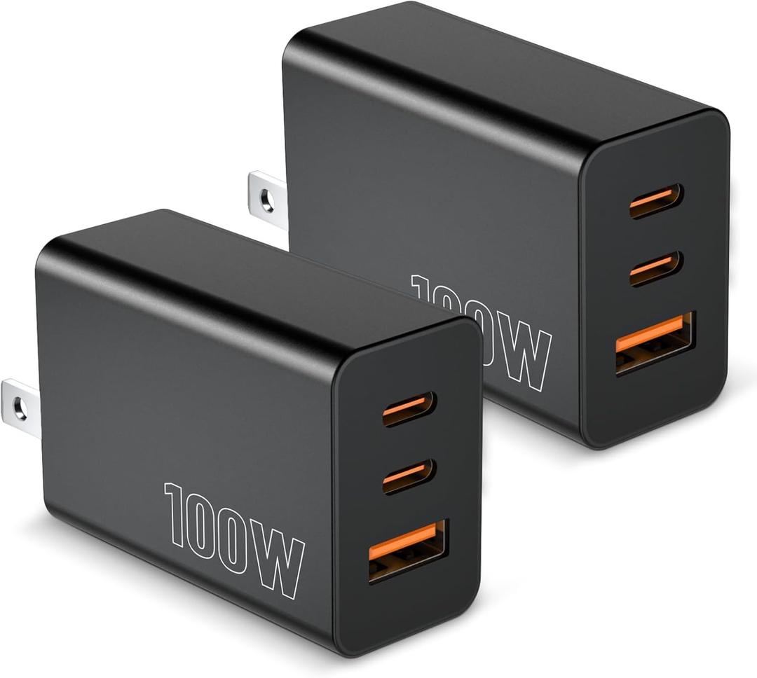 [2-Pack] USB C Wall Charger 3-Port,100W GaN Multiport Fast Charging Charger Block, PD+QC Power Adapter Plug for iPhone 17 Air/16/15/14/13/Pro Max/XS/XR, MacBook Pro/Air,iPad, Samsung S25/S24, and More