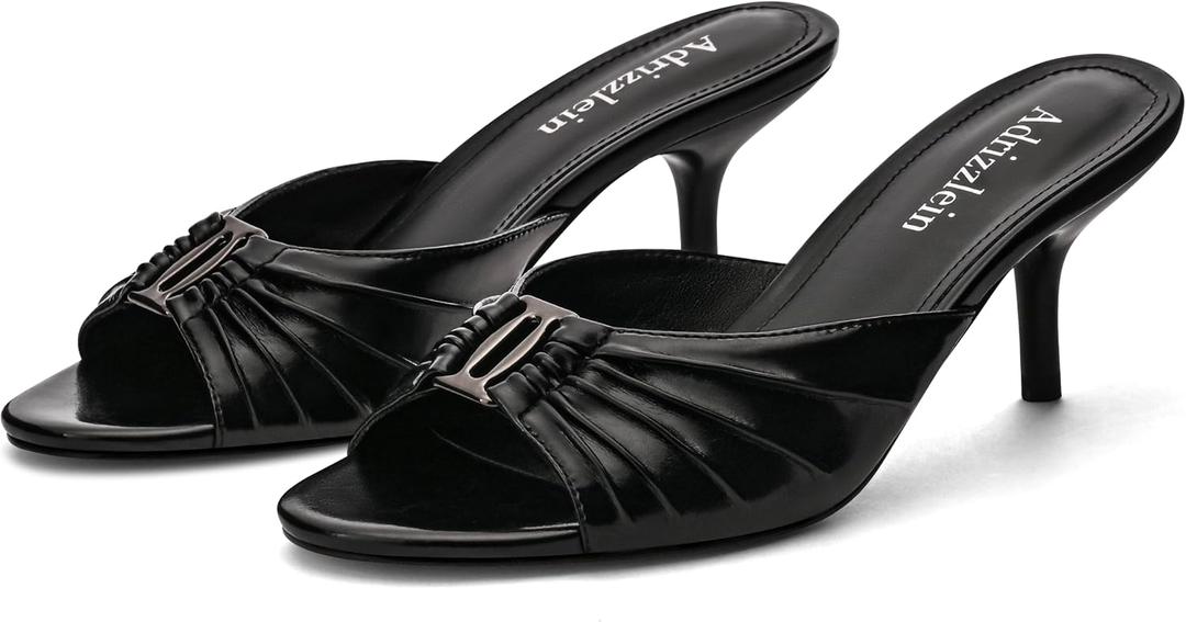 Adrizzlein Mule Heels for Women Peep Open Toe 2.7 IN Kitten Low Heels Ruched Mules Metal Slide Heeled Sandals Dress Shoes (Black, 10)