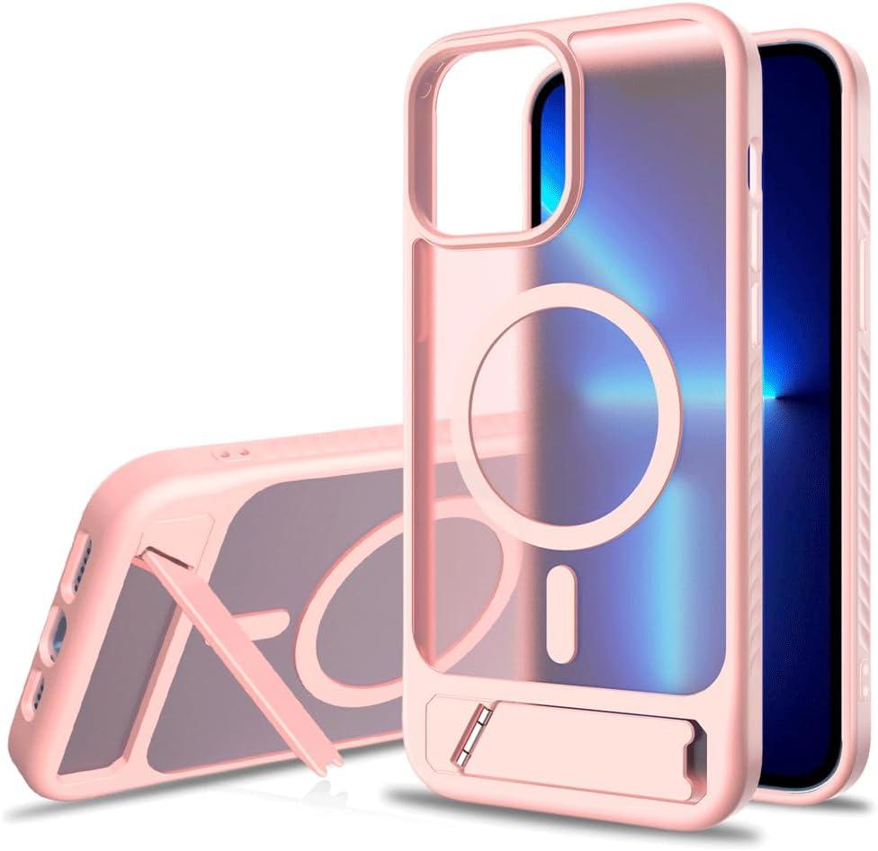 Magnetic Compatible with iPhone 12 Pro Max & iPhone 13 Pro Max Case, [Built-in Invisible Kickstand][Compatible with Mag-Safe] Slim Translucent Matte Phone Case for iPhone 12/13 Pro Max, Pink