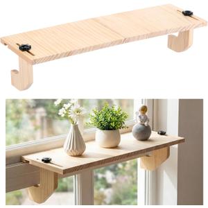 1 Pc Natural Window Sill Plant Shelf for Plants 21.7 x 7.1 x 5.9 Inch Windowsill Extender Window Plant Floating Shelves No Drilling Wooden Bracket for Cat Perch Planters (Right Angle)