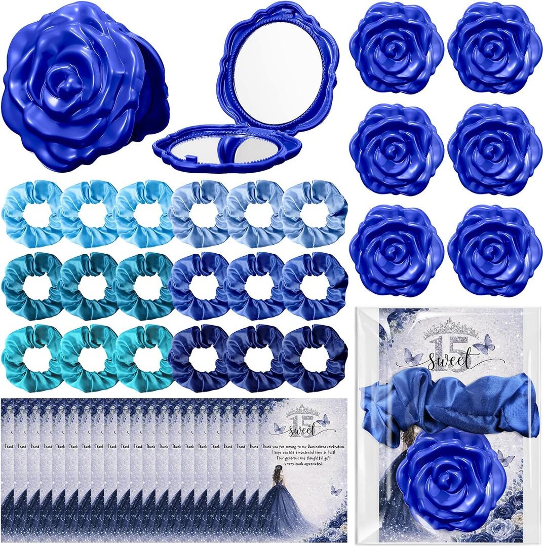 Xuhal 25 Sets Quinceanera Party Favors Sweet 15 Rose Design Compact Pocket Mirrors Hair Ties Elastic Scrunchies Thank You Cards Quinceanera Gift for 15th Birthday Party Favor Guests (Blue)