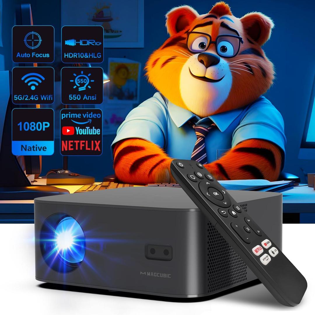 [Netflix Officially Licensed] Smart Projector with WiFi and Bluetooth, Magcubic Native 1080P Auto Focus, Keystone Correction, DoIby Audio Outdoor Movie Projector, Short Throw Home Video Projector