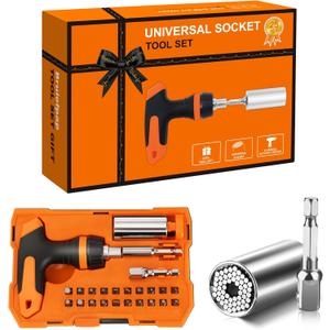 Universal Socket Tool Set, Stocking Stuffers for Men Gifts for Men,Ratcheting Screwdriver T-Handle kit with Power Drill Adapter, Christmas Tool Gifts for Husband,Him, Women, Boyfriend,Dad,Handyman