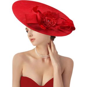dressfan Church Fascinator Derby Hats for Women,20s 50s Linen Vintage Derby Hat for Church/Wedding/Cocktail/Tea Party (Red)