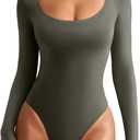 REORIA Women's Sexy Basic Scoop Neck Long Sleeve Double Lined Layering Slim Bodysuit Tops (Large, Grey)