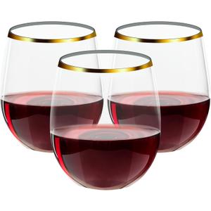 FOCUSLINE 32 Pack 12 OZ Plastic Wine Glasses, Stemless Disposable Wine Cups, Gold Rim Unbreakable Wine Glasses, Reusable Shatterproof Recyclable and BPA-Free Plastic Wine Cups